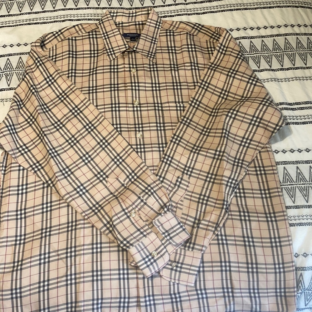 Burberry Signature Check Plaid Long Sleeve Shirt, Tan/Signature Plaid, Size L